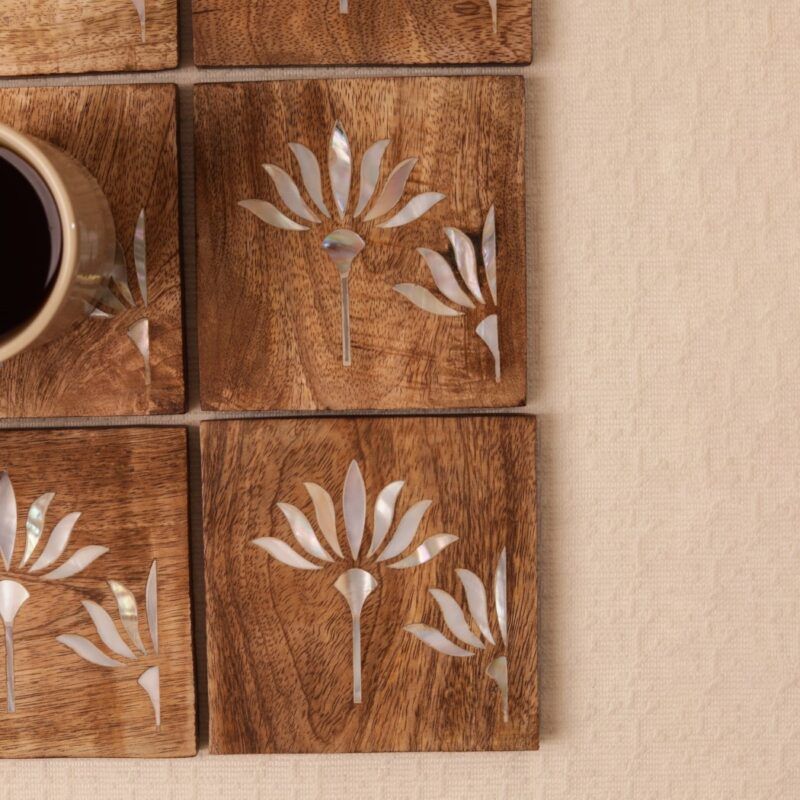 wooden coaster with mother of pearl inlay