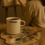 Off-white ceramic coffee mug with 'DREAMER.' text, set on a painter's palette beside a brush, in a cozy artistic setting.