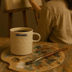 Off-white ceramic coffee mug with 'DREAMER.' text, set on a painter's palette beside a brush, in a cozy artistic setting.