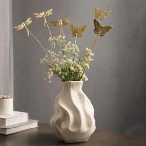 white matte whispering waves ceramic vase with 6 golden wings metal sticks