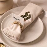 A beige napkin featuring a cactus embroidery is neatly rolled and held by an antique gold napkin ring. A name card labeled "Mayank" is tucked into the ring, all placed on a set of speckled ceramic plates.