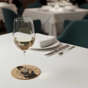 A cork coaster featuring Audrey Hepburn from Breakfast at Tiffany’s with a glass of white wine placed on top, set on a fine dining restaurant table with plate, napkin, and cutlery.