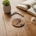 Cork coaster featuring Frida Kahlo design on a wooden desk with notebook, glasses, and a potted plant.
