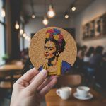 Cork coaster featuring Frida Kahlo design held in hand inside a café with coffee cups on the table.