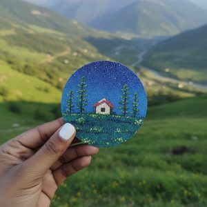 Cork coaster featuring a cottage and night sky design, held in hand against a scenic mountain landscape.