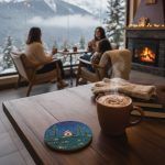 Cork coaster featuring a cottage and night sky design on a wooden table with a cup of coffee, in a cozy room with fireplace and mountain view.