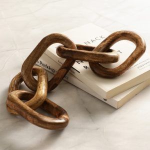 Handmade wooden chain decor, 5-link table accessory for modern homes.