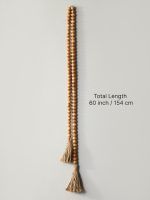 60 inch farmhouse wooden bead garland with jute tassels, natural finish home accent, wall display.