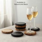 Round wooden bead coasters in natural and black finish, rustic drink coaster set on table.