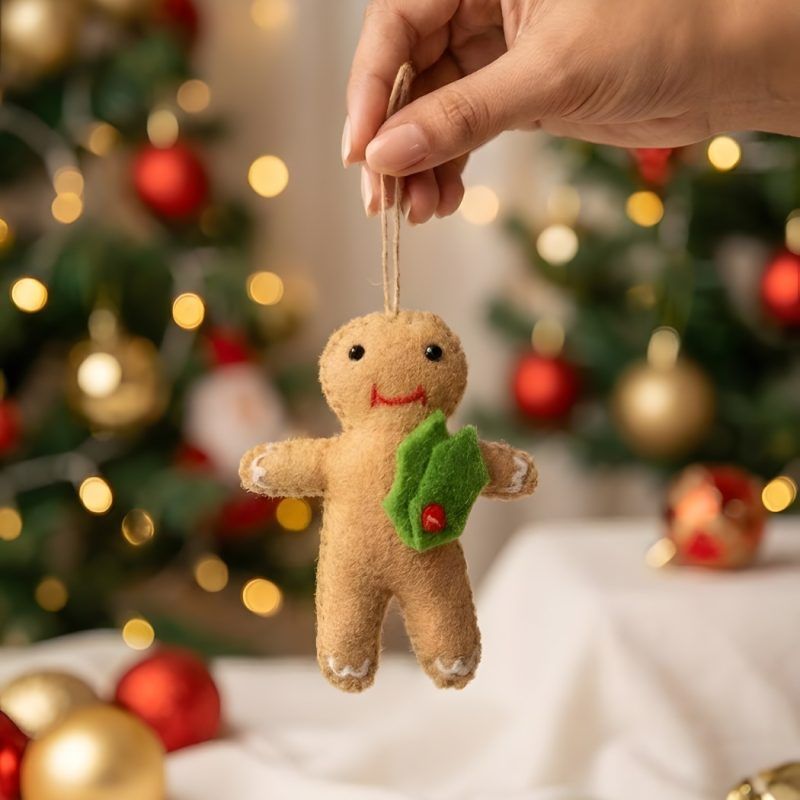 felt-gingerbread-ornament-held-in-hand-size-reference Hand holding a single felt gingerbread Christmas ornament to show size, against a blurred festive background.