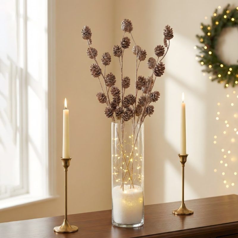 glittered-sequin-pine-cone-sticks-glass-vase-centerpiece Elegant holiday centerpiece featuring glittered sequin pine cone sticks in a tall glass vase filled with fairy lights and faux snow, flanked by gold candlesticks.