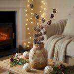 Rustic holiday arrangement featuring glittered sequin pine cone sticks in a ceramic jug with a burlap bow, placed on a wooden table near a fireplace.
