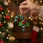 Hand holding a green felt candy cane Christmas ornament with white stripes, green holly leaves, and red berries, set against a blurred Christmas tree background.