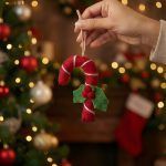 Hand displaying a red felt candy cane tree decoration with white stitching and bright red holly berries, with warm Christmas lights glowing in the background.