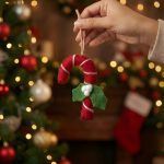 Close-up of a red felt candy cane ornament featuring white wrapped stripes and white holly berries, held up against a warm, festive bokeh background.