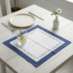 Flat lay view of the Glimpse Homes Blue Meadow design, showing the delicate blue floral vines and scalloped border on white cotton.