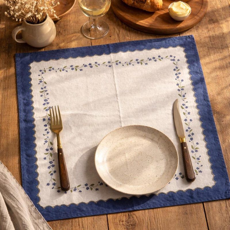 Dining setup featuring the Glimpse Homes Blue Meadow collection, highlighting the matching scalloped border design and floral aesthetic.