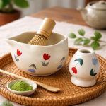 Glimpse Homes ceramic matcha bowl and whisk holder set featuring a floral bloom tulip design, displayed on a rustic wicker tray.