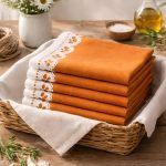 A stack of folded Terracotta Bloom cotton napkins by Glimpse Homes in a basket, highlighting the smooth printed edge.