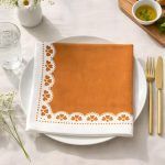 Flat lay of 18x18 inch Terracotta Bloom napkin by Glimpse Homes showing the full square shape and printed lace pattern.