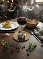 A glass of red wine rests on a Glimpse Homes 4-inch Audrey Hepburn cork coaster on a wooden cafe table, surrounded by a slice of quiche, a bread basket, and scattered coffee beans.