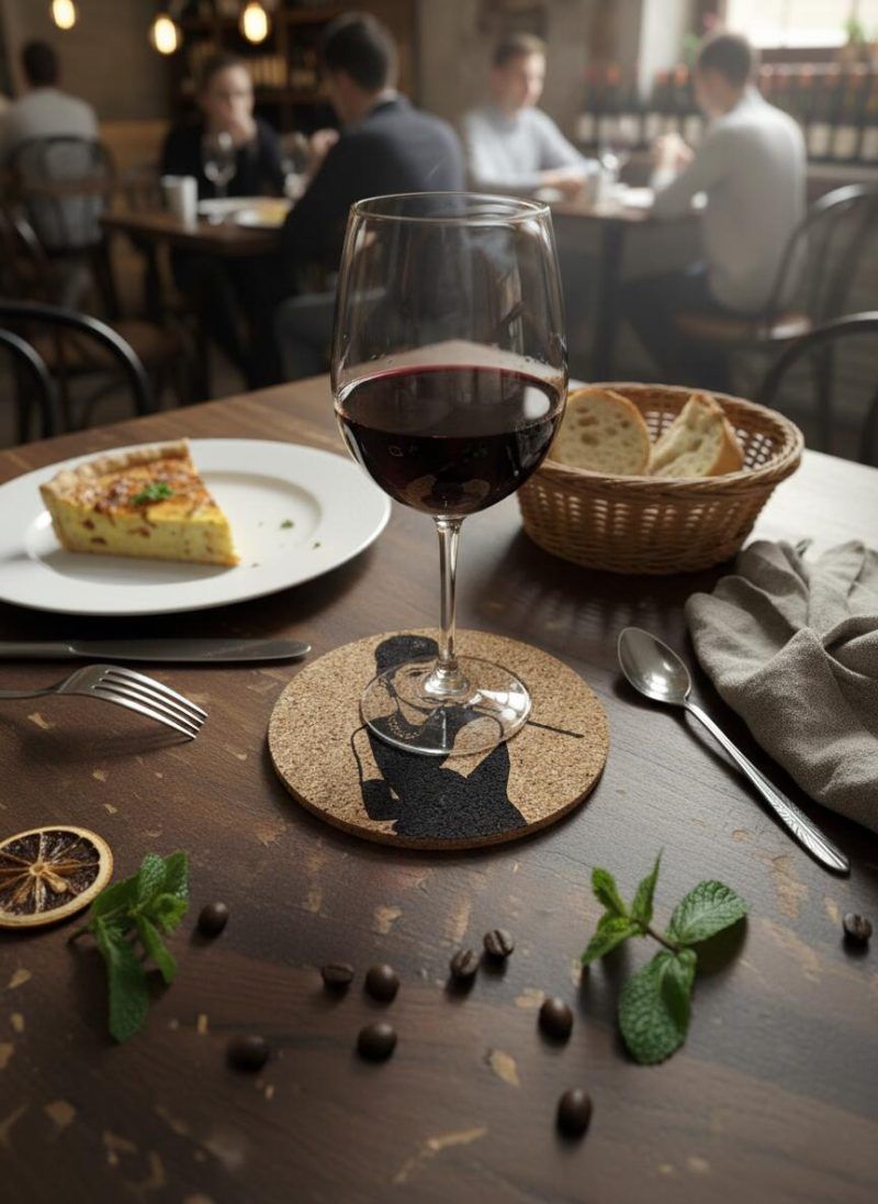 A glass of red wine rests on a Glimpse Homes 4-inch Audrey Hepburn cork coaster on a wooden cafe table, surrounded by a slice of quiche, a bread basket, and scattered coffee beans.