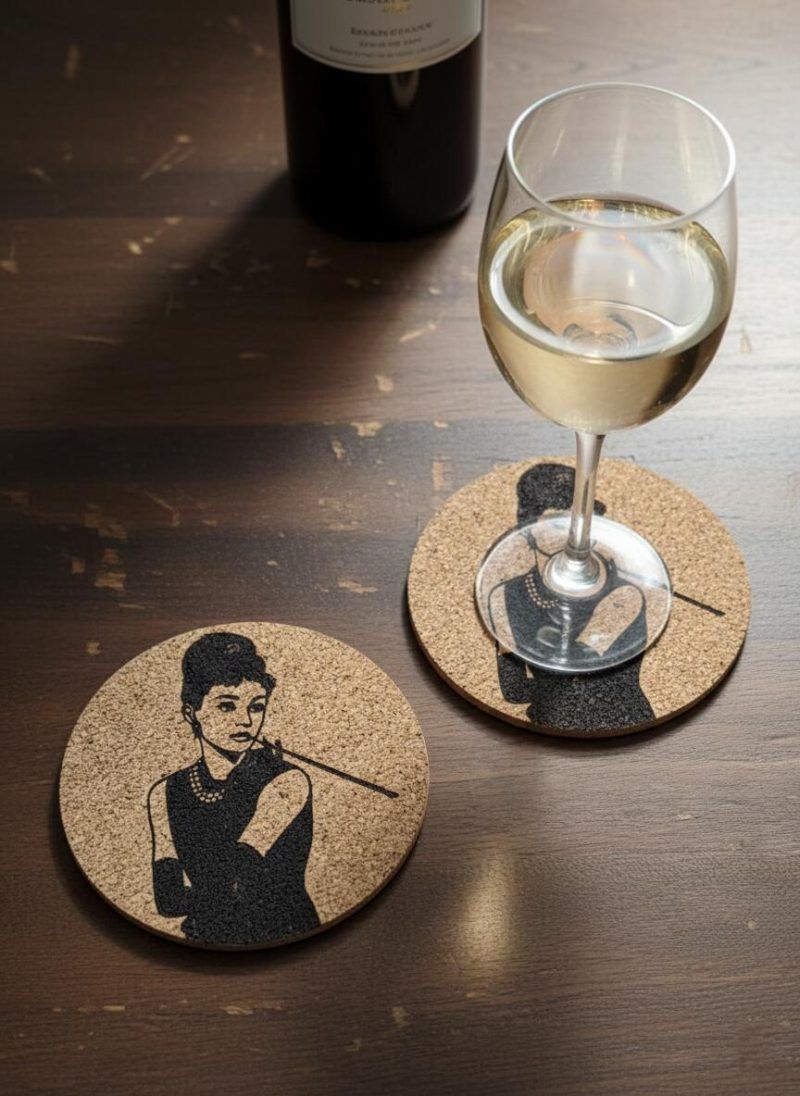 Two Glimpse Homes 4-inch Audrey Hepburn printed cork coasters on a dark wooden table, with a glass of white wine resting on one of them next to a wine bottle.