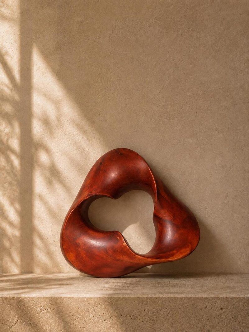 The Trinity Knot abstract wooden shelf decor standing upright on a stone ledge, demonstrating the spiritual, Zen-like balance of the continuous teakwood loop.