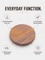 Infographic highlighting the everyday functions of Glimpse Homes sandstone coasters: super absorbent, eco-friendly, 100% natural, and heat resistant.