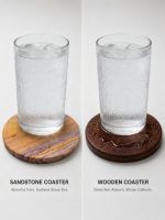 Split-screen comparison showing a Glimpse Homes sandstone coaster instantly absorbing condensation, compared to a wooden coaster where water pools.