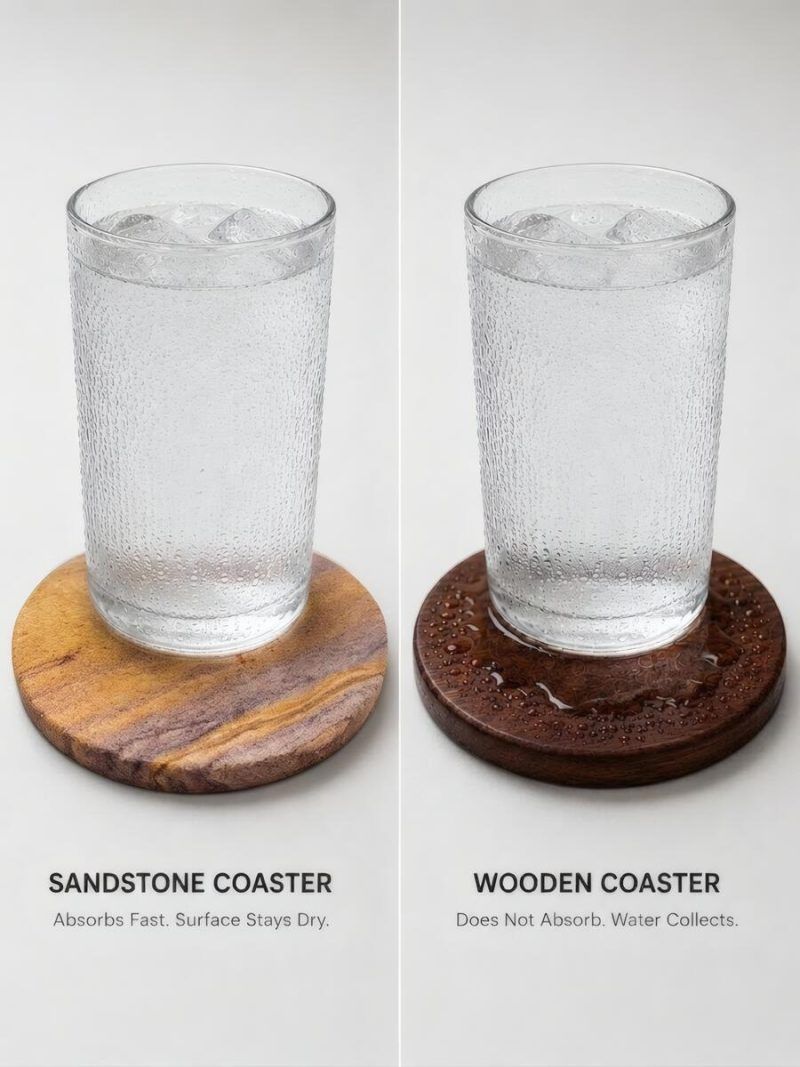 Split-screen comparison showing a Glimpse Homes sandstone coaster instantly absorbing condensation, compared to a wooden coaster where water pools.