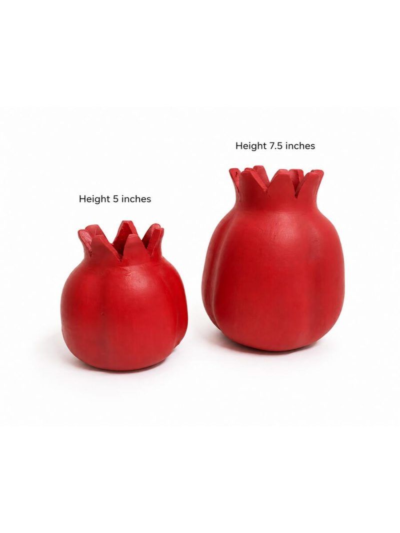 Size comparison of the ravishing red handmade terracotta pomegranate showpieces by Glimpse Homes, displaying the 5-inch and 7.5-inch height variations side by side.
