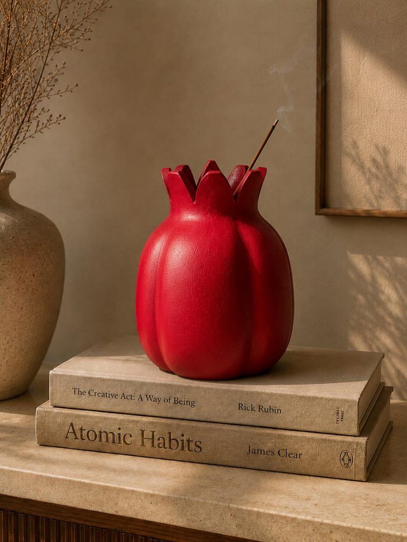 A large 7.5-inch ravishing red terracotta pomegranate showpiece functioning as a decorative incense holder, resting on stacked books.