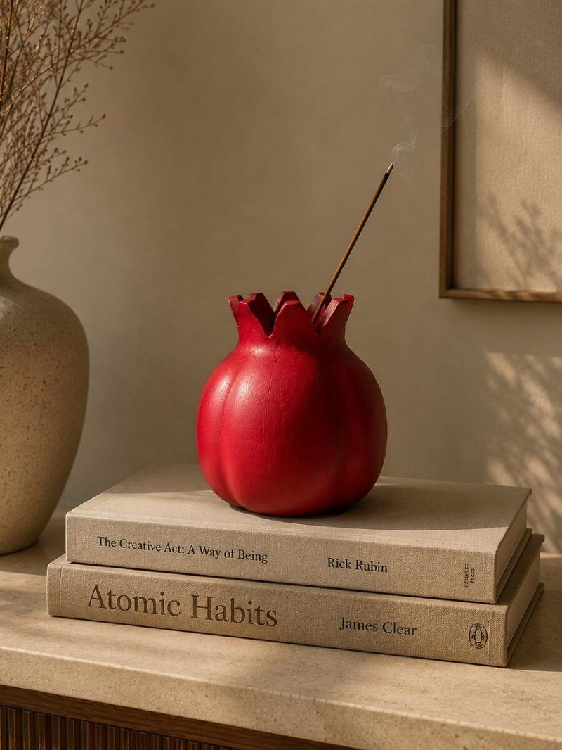A ravishing red terracotta pomegranate showpiece creatively used as a decorative incense stick holder, resting on stacked books on a wooden console.