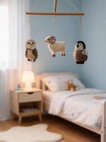 Glimpse Homes hanging baby mobile with felt animals suspended from a wooden frame above a nursery bed.