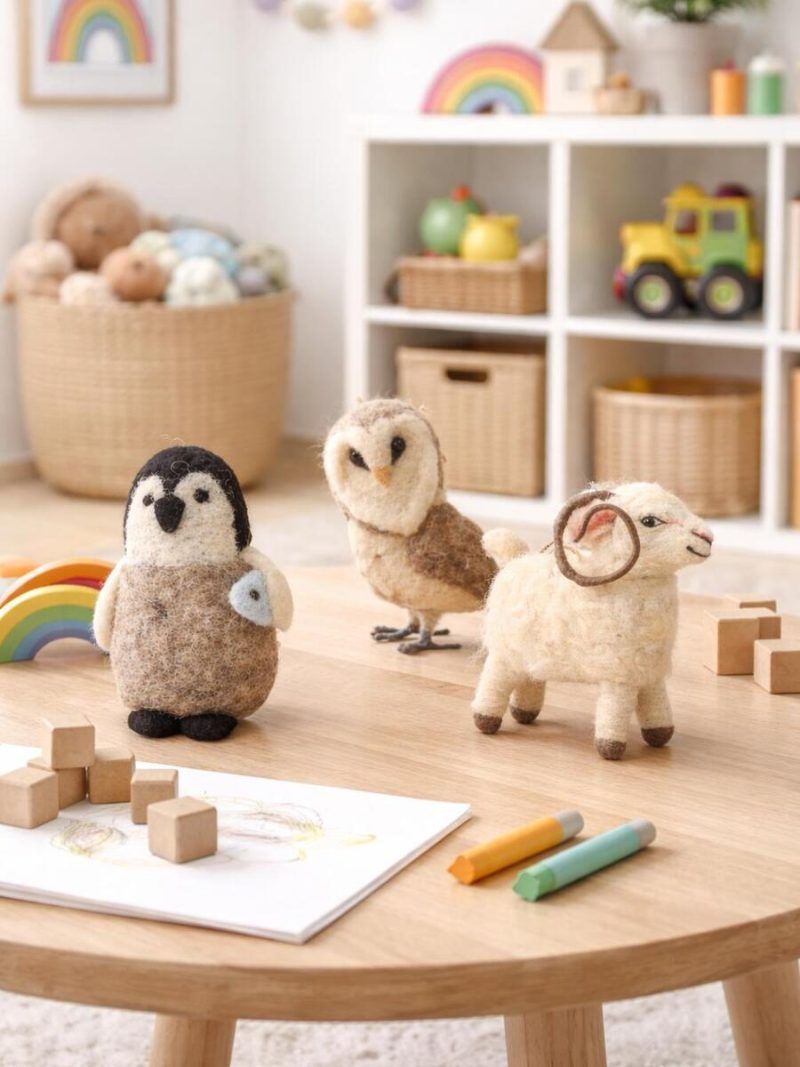 Set of three Glimpse Homes felt animals sitting on a wooden playroom table surrounded by crayons and wooden blocks.