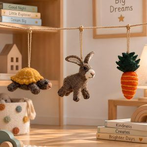 Felt tortoise, rabbit and carrot ornaments strung above a cozy kids playroom shelf