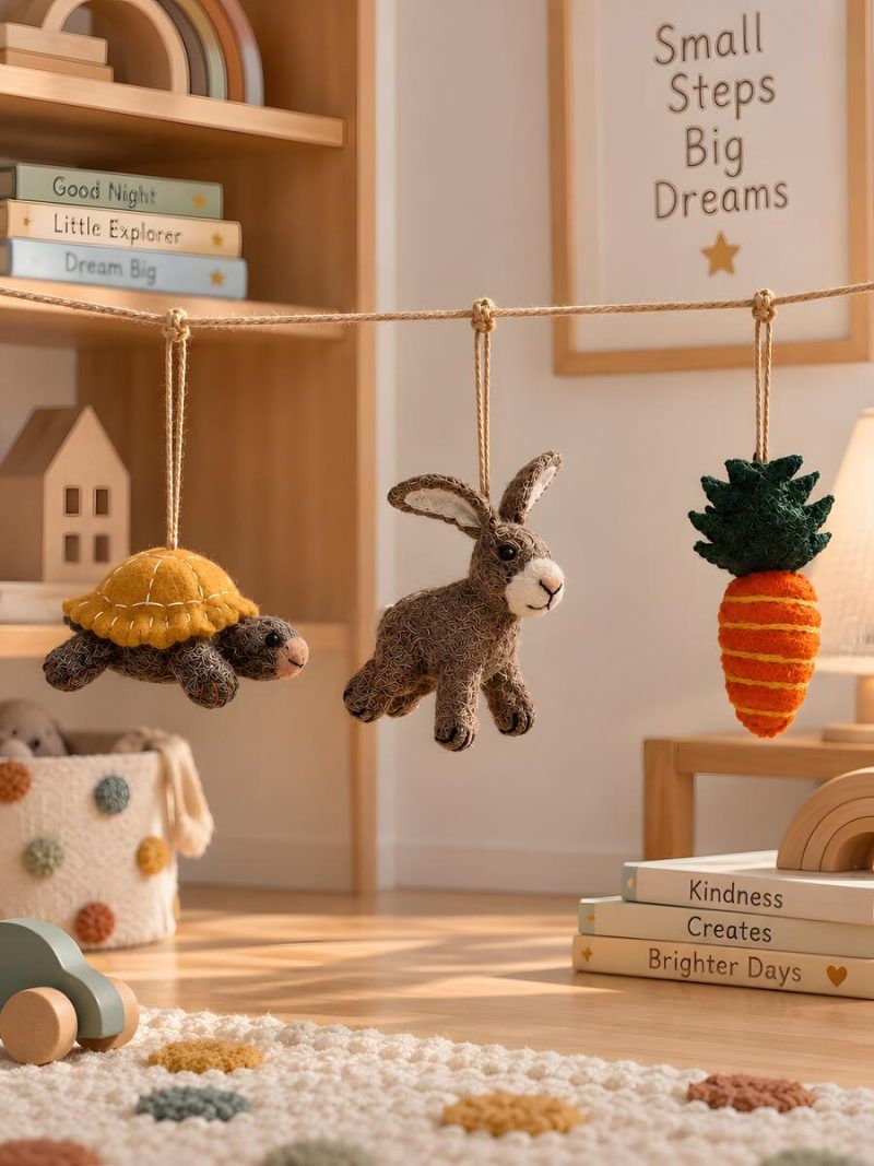 felt-animal-ornaments-kids-room-decor-glimpse-homes Felt tortoise, rabbit and carrot ornaments strung above a cozy kids playroom shelf