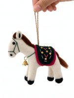 Glimpse Homes felt horse ornament with brass bell, embroidered saddle and brown mane