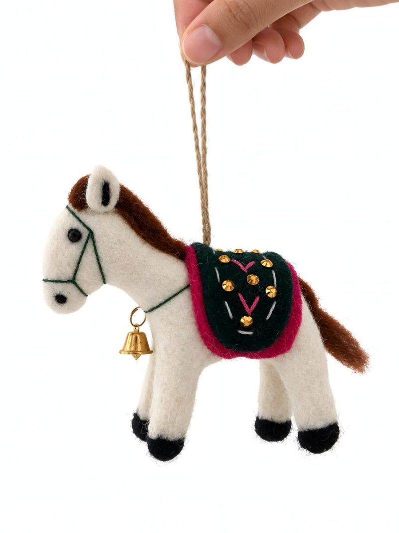 Glimpse Homes felt horse ornament with brass bell, embroidered saddle and brown mane