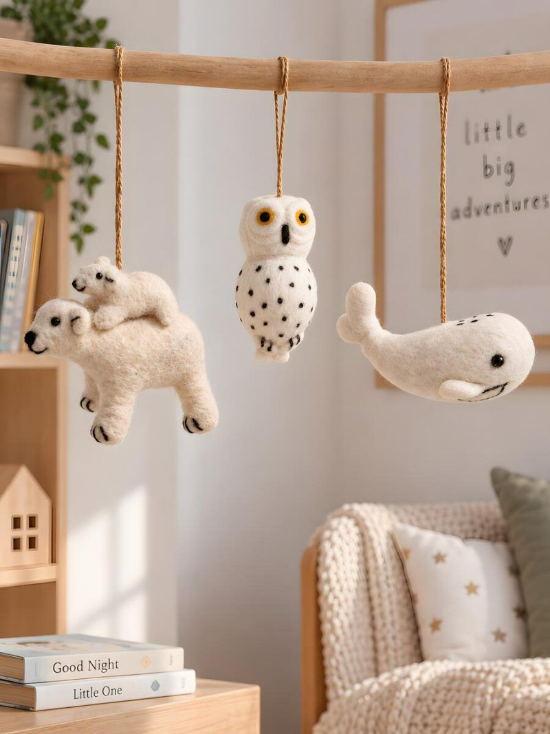 Glimpse Homes felt polar bear, owl and whale ornaments hanging on a wooden mobile in a kids' nursery room