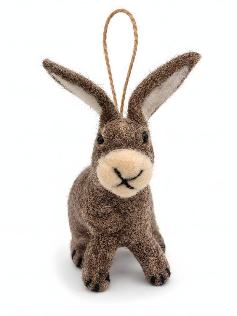 Glimpse Homes handmade felt rabbit hanging ornament, front view on white background