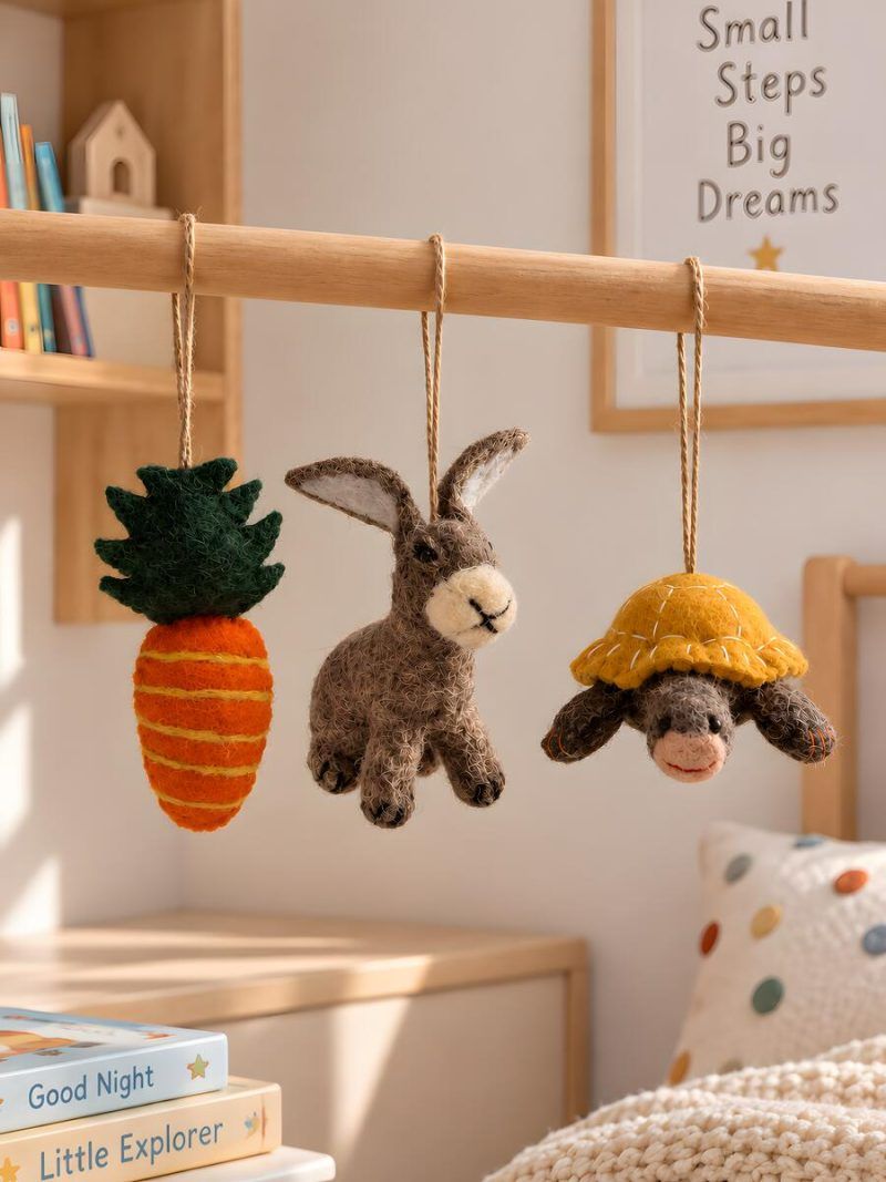 glimpse-homes-felt-rabbit-tortoise-carrot-nursery-decor Glimpse Homes felt rabbit, tortoise and carrot ornaments hanging in a kids nursery room
