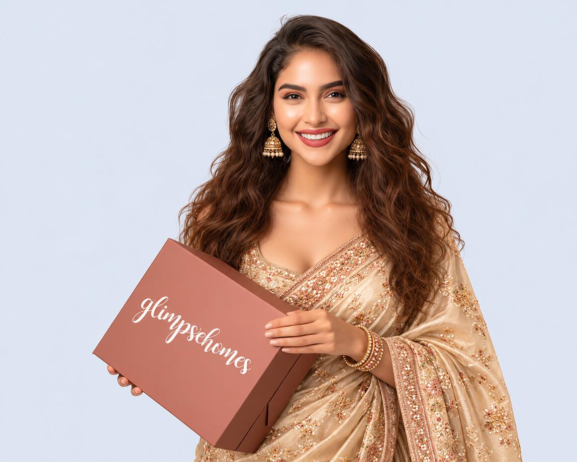 Woman in a gold Diwali saree holding a Glimpse Homes gift box